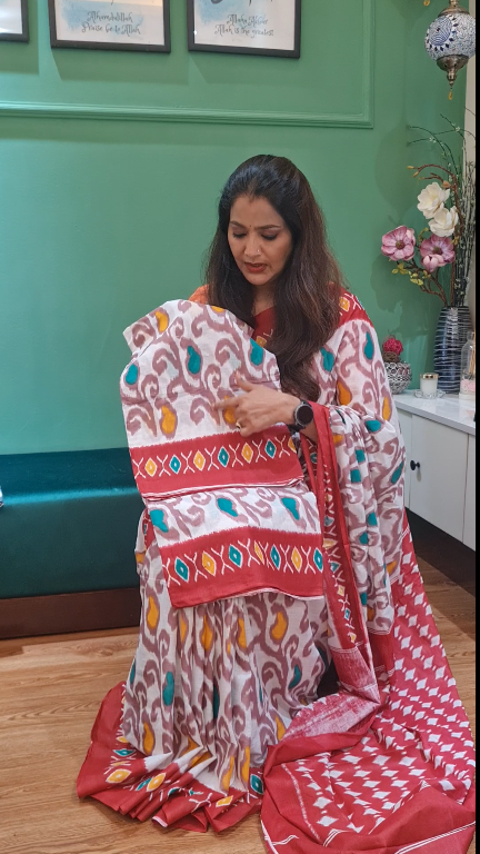 Off-White Malmal Cotton Printed Saree