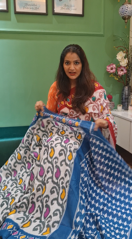 Blue/Off-White Malmal Cotton Printed Saree