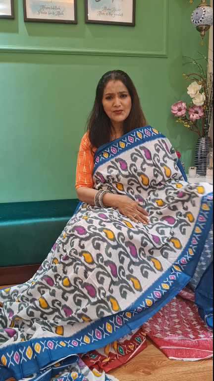 Blue/Off-White Malmal Cotton Printed Saree