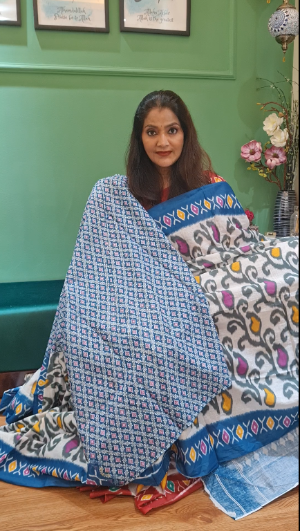Blue/Off-White Malmal Cotton Printed Saree