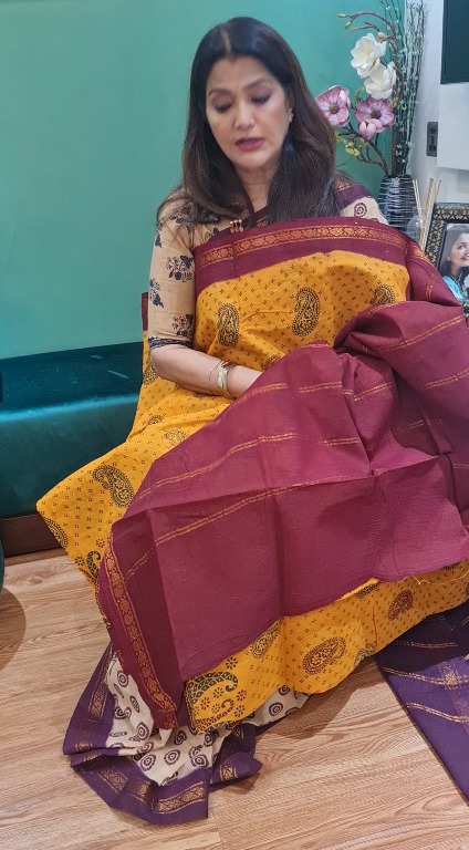 Premium Chunri Cotton Saree (Mustard Color)