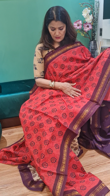 Premium Chunri Cotton Saree (Brick Red)