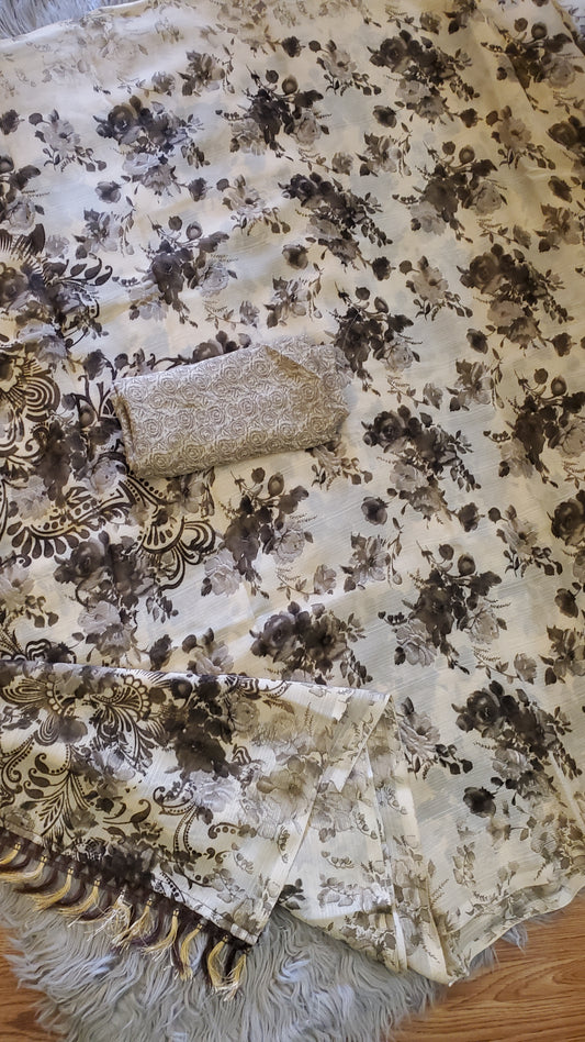 White Dark Flowery Saree