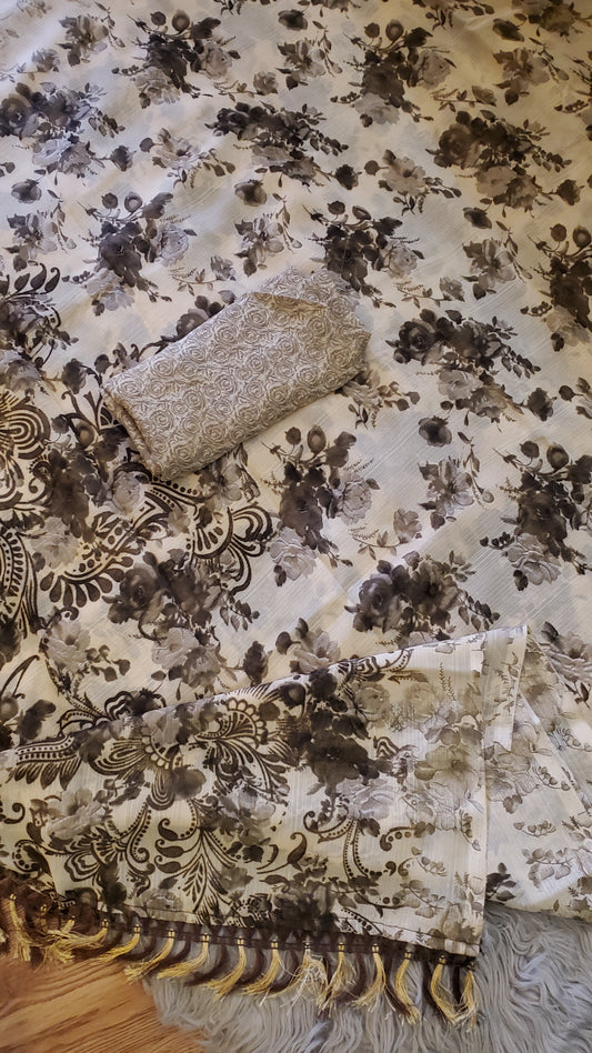 White Dark Flowery Saree