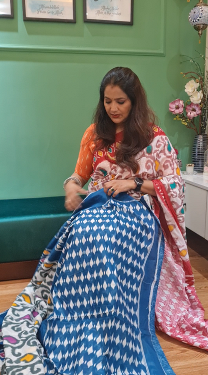 Blue/Off-White Malmal Cotton Printed Saree