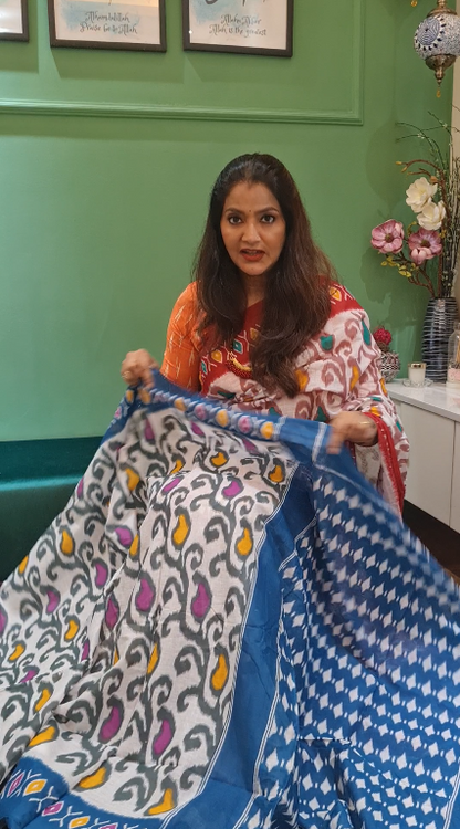 Blue/Off-White Malmal Cotton Printed Saree