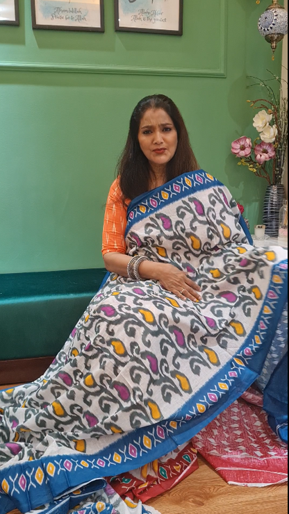 Blue/Off-White Malmal Cotton Printed Saree