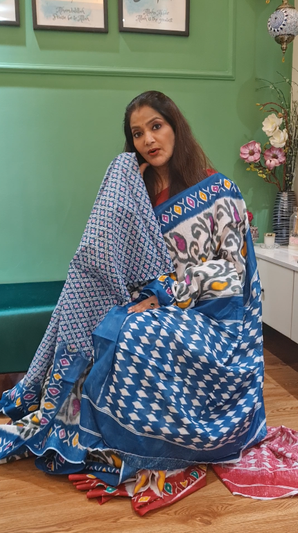 Blue/Off-White Malmal Cotton Printed Saree