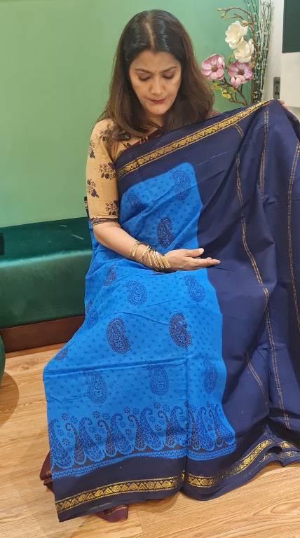 Premium Chunri Cotton Saree (Blue)